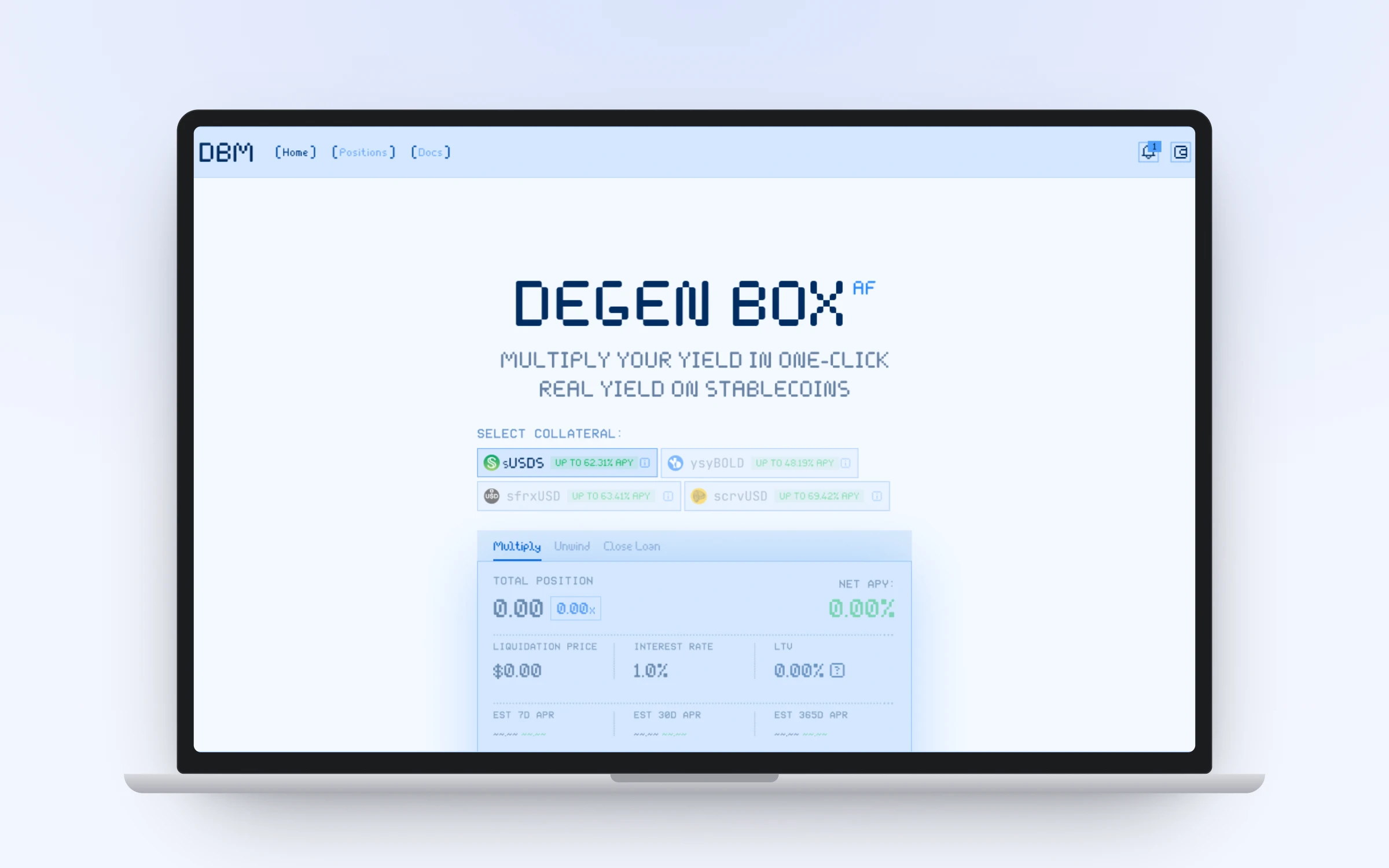 DegenBox on laptop: collateral picker and the multiply panel with position, liquidation price, rate, and LTV