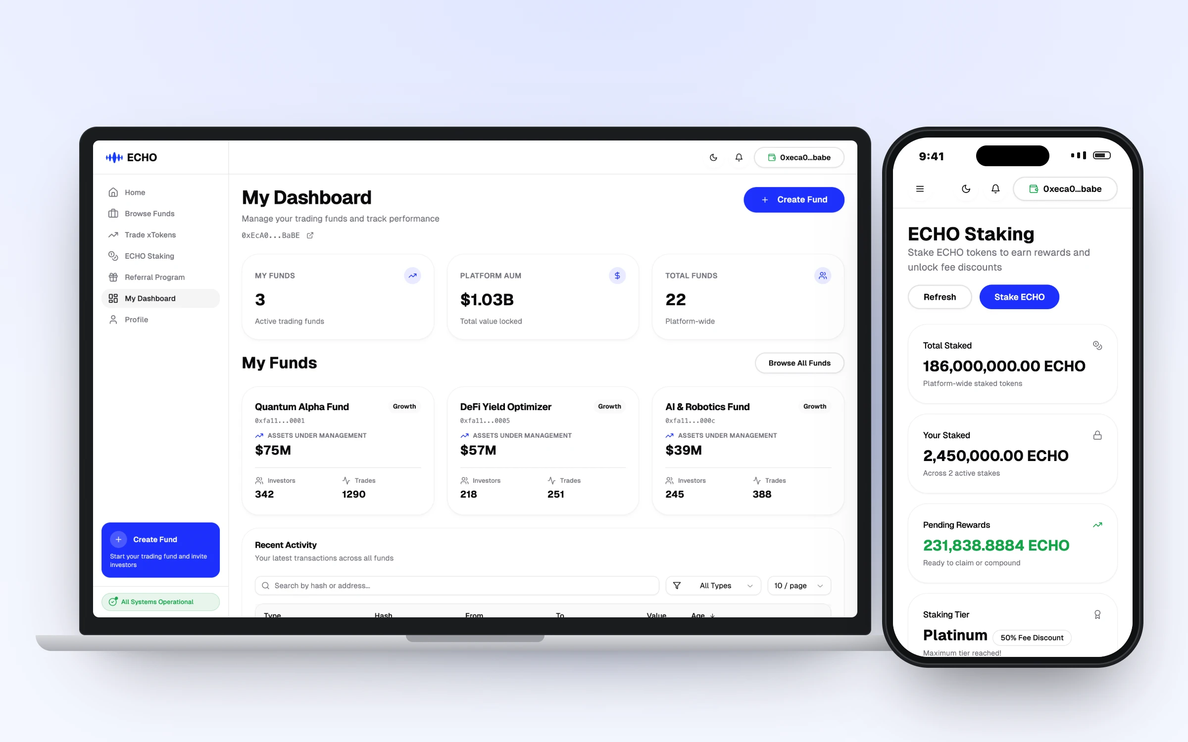 ECHO on laptop and phone: the fund manager dashboard and the staking view