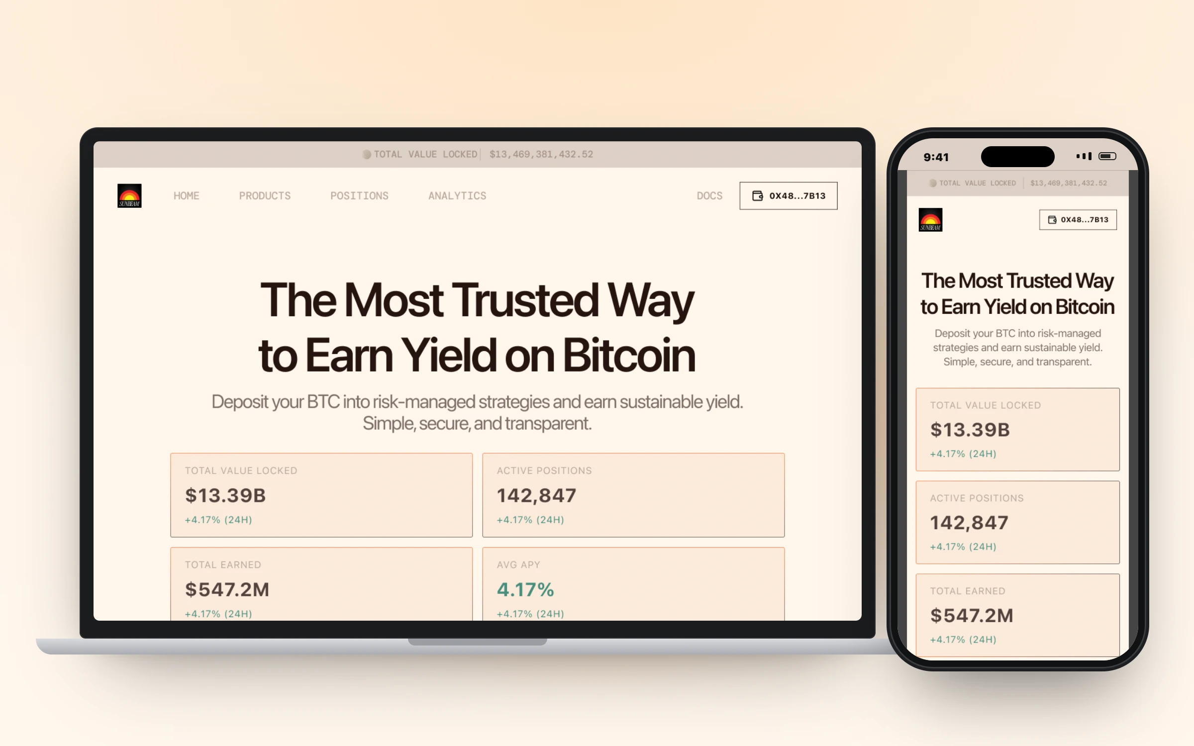 Sunbeam dApp home on laptop and phone: headline, TVL, active positions, and yield