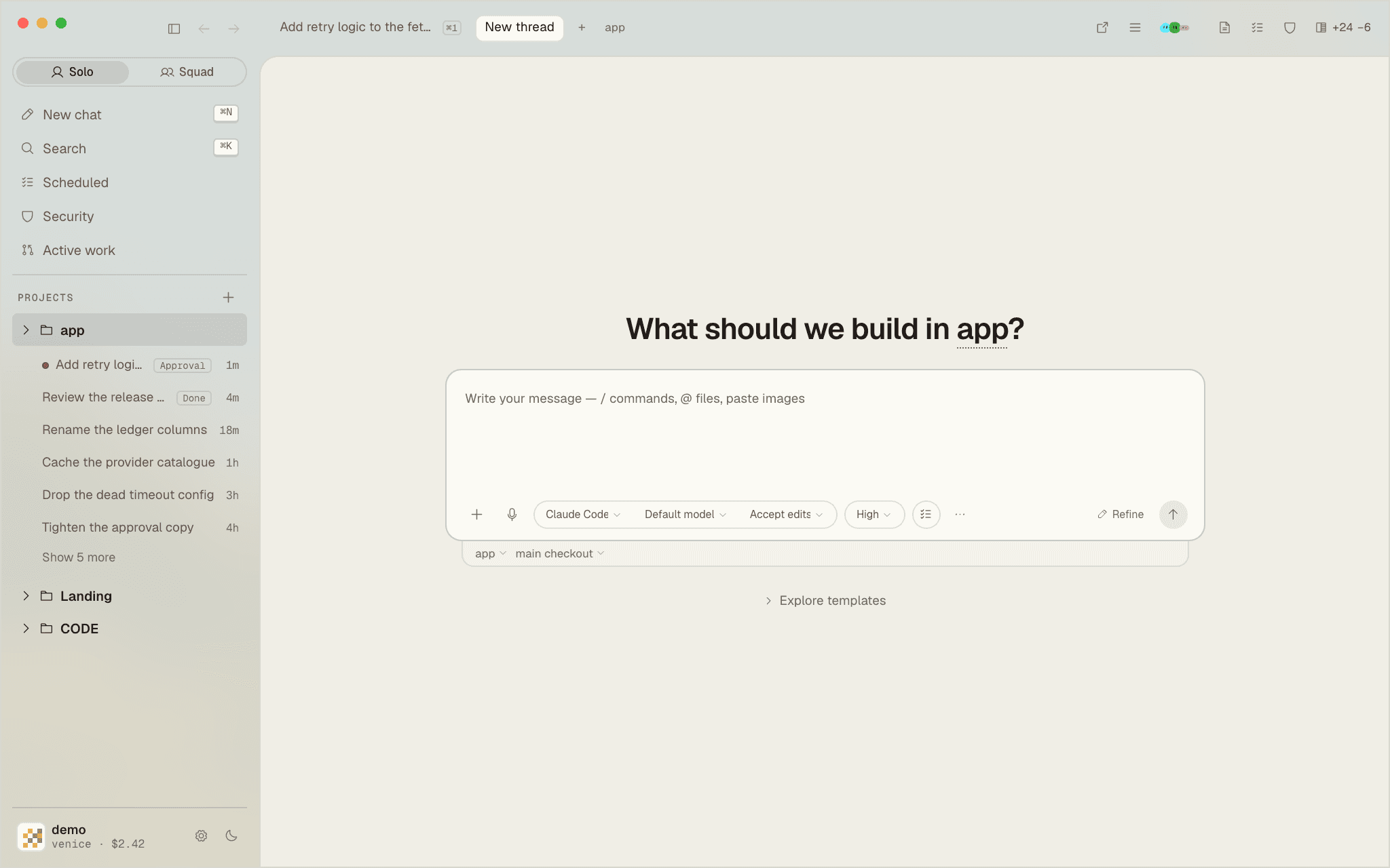 Cloaky workbench with project sidebar and new-session composer