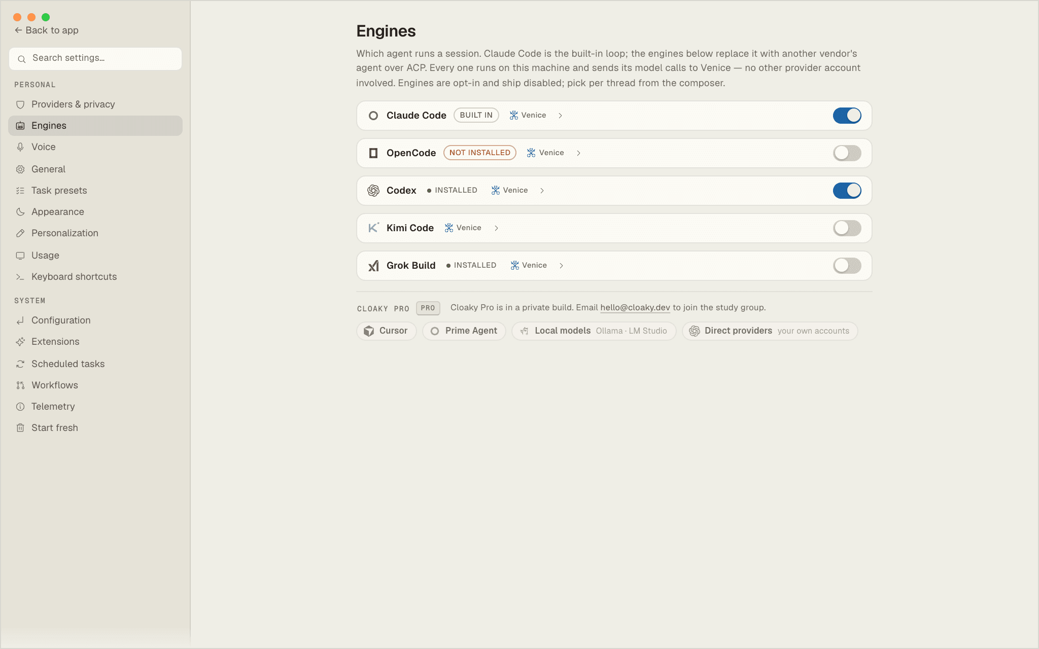 Cloaky Engines settings showing available coding agents and their provider