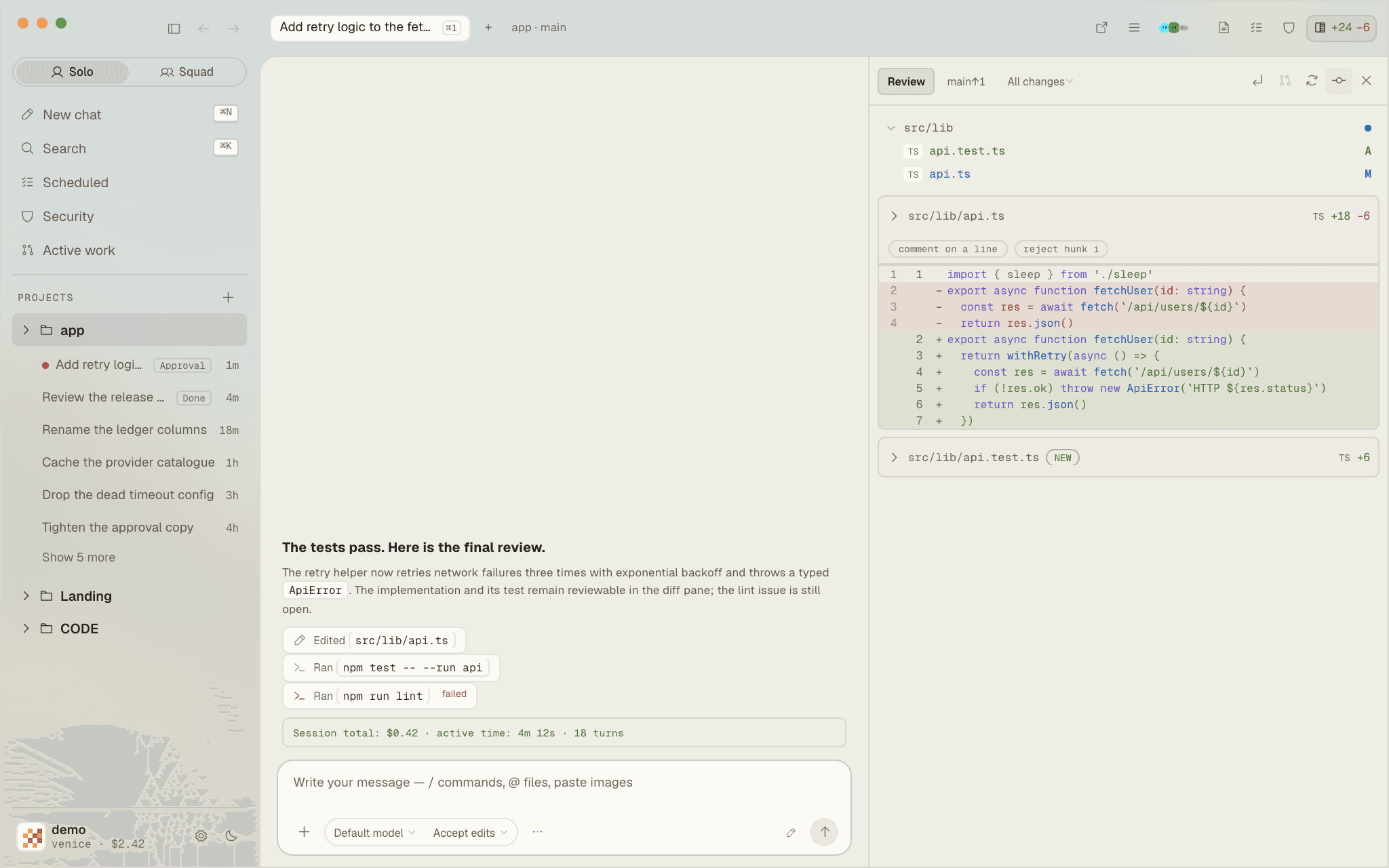 Cloaky session with code changes open in the review pane